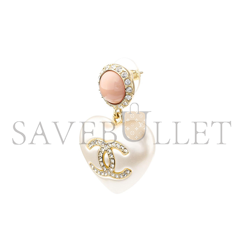 CHANEL GOLD PLATED FAUX PEARL STRASS CC HEART DROP EARRINGS 